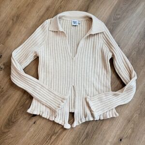 PRINCESS POLLY Ribbed Knit V-Neck Collared Sweater Cream Beige Lettuce Hem Sz 10